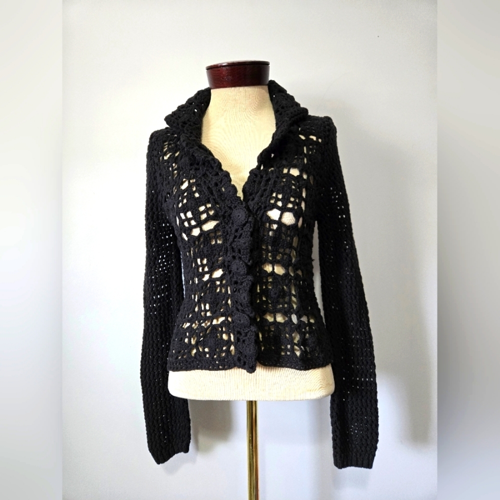 SISLEY  Black Crochet Open Knit Front Black Cardigan Sweater. Size Medium